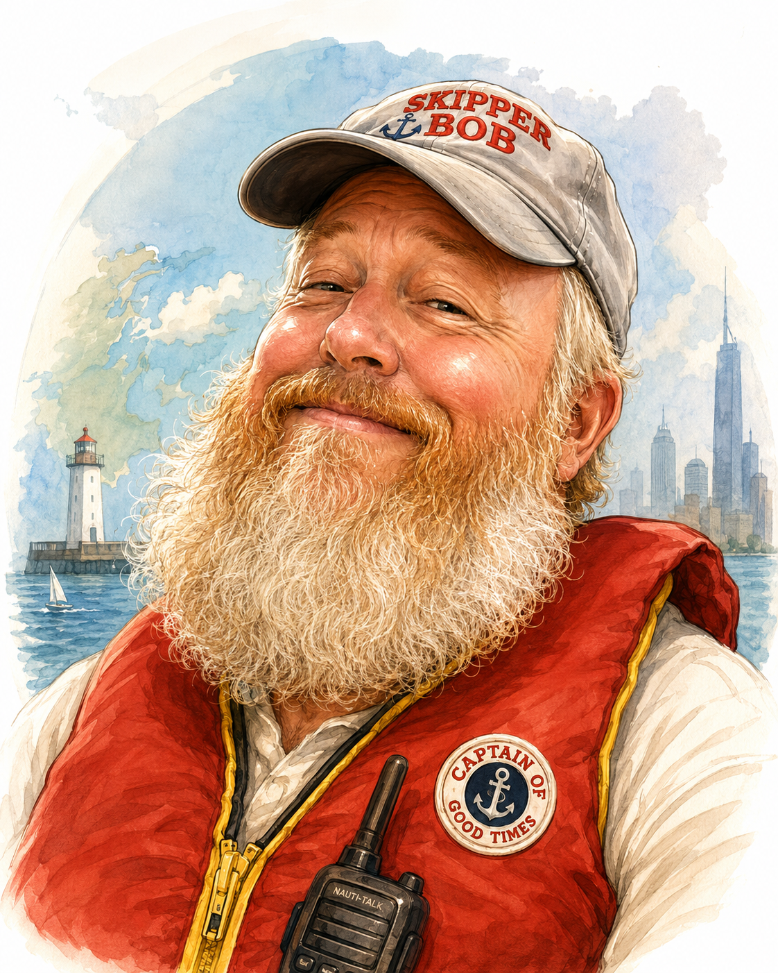 Watercolor portrait of Skipper Bob in a red life vest near a lighthouse.